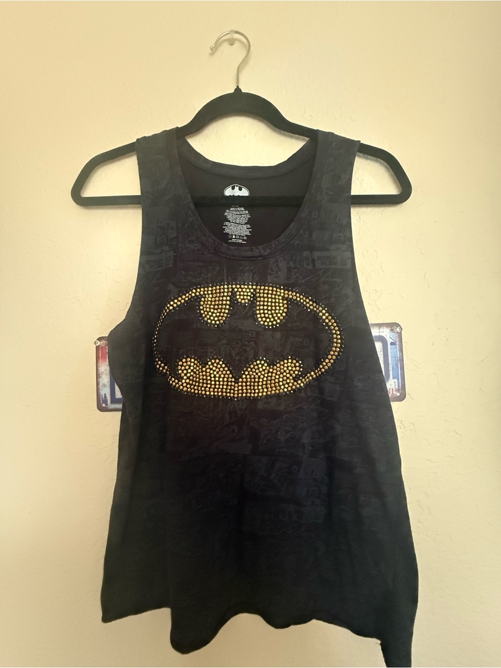 Batman Black Tank Top with Gold Studded Bat Logo
